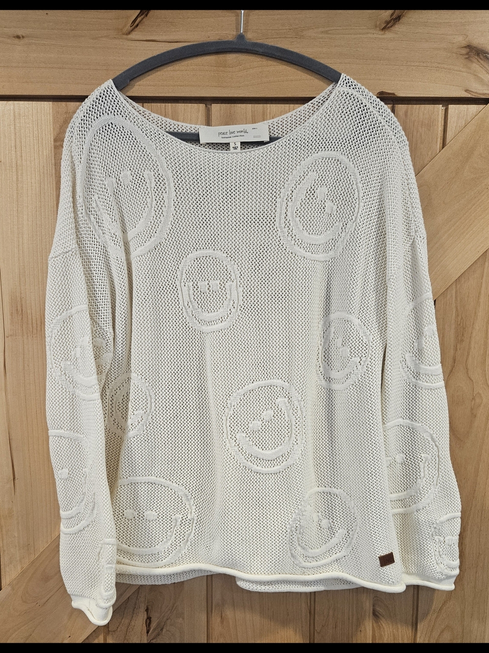 Peace Love World Ivory Smiley Face Mesh Pullover Sweater
